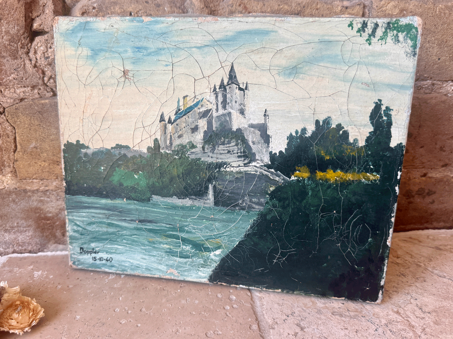 antique french signed dated vintage oil painting canvas landscape moody chateau cliffside seascape