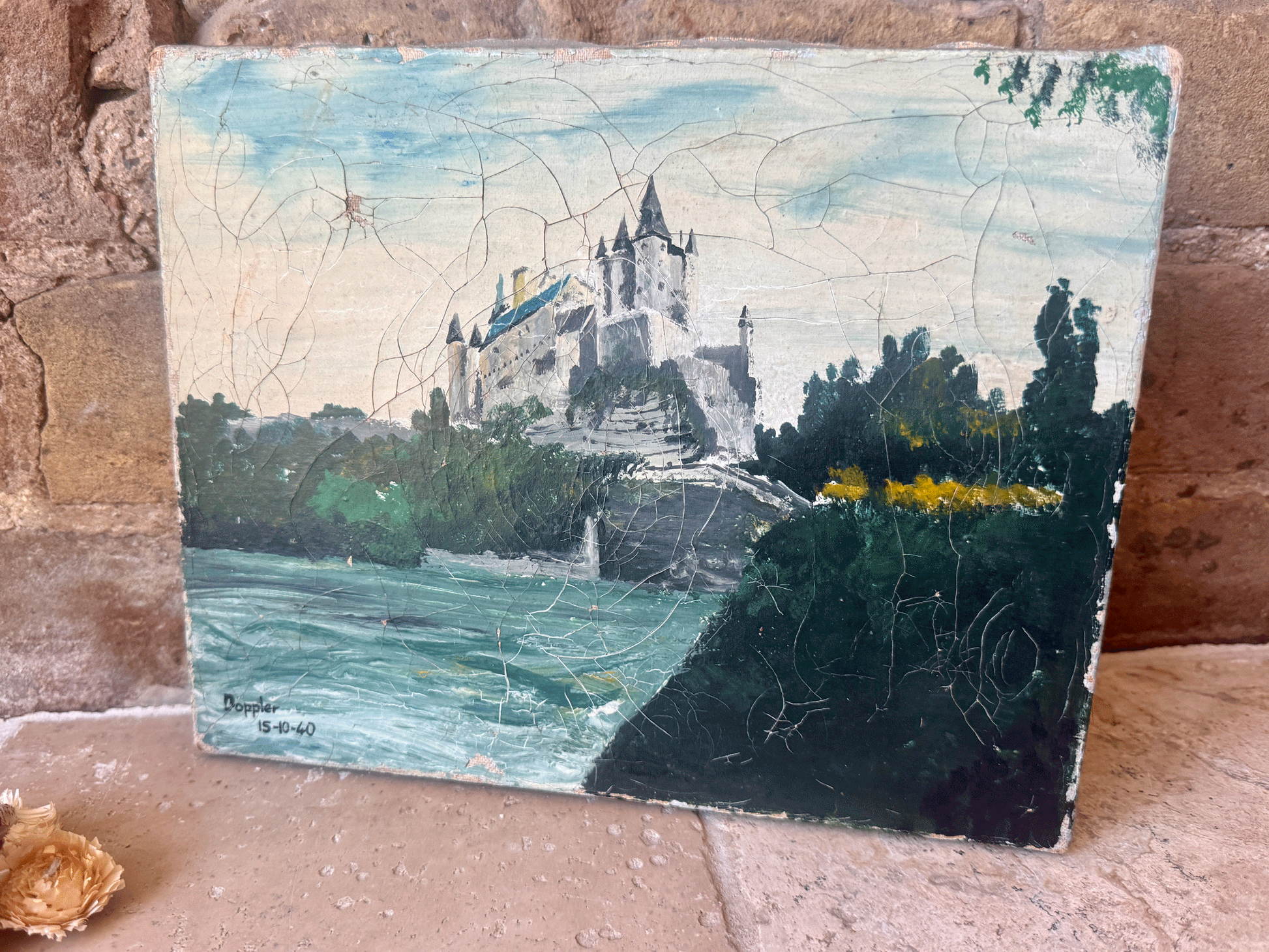 antique french signed dated vintage oil painting canvas landscape moody chateau cliffside seascape