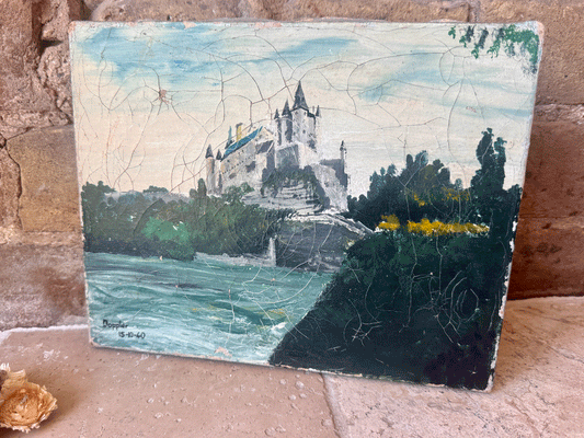 antique french signed dated vintage oil painting canvas landscape moody chateau cliffside seascape