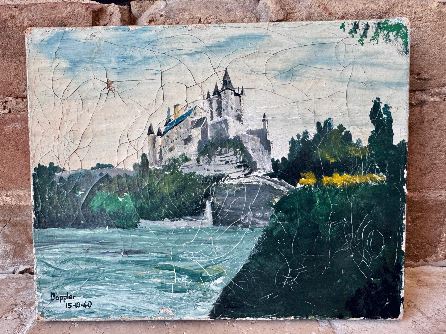antique french signed dated vintage oil painting canvas landscape moody chateau cliffside seascape