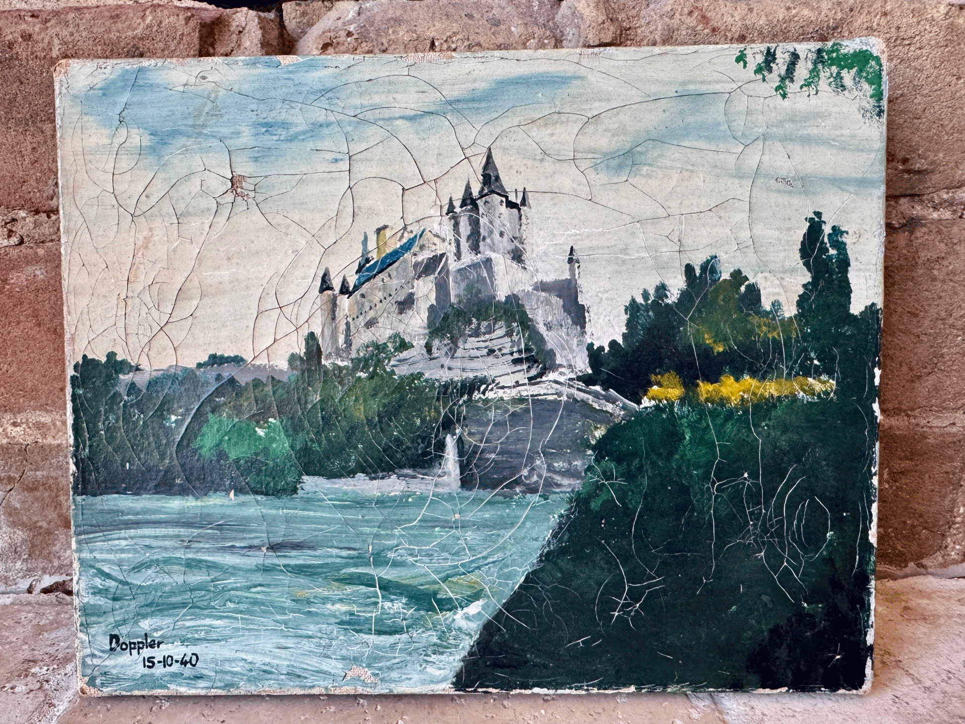 antique french signed dated vintage oil painting canvas landscape moody chateau cliffside seascape