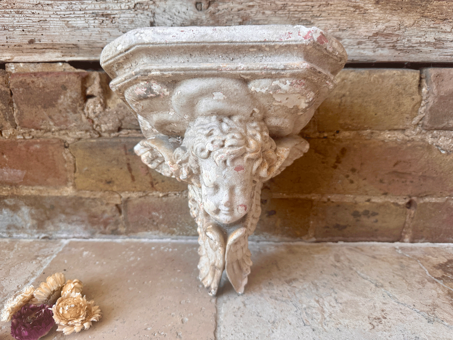 antique french decorative plaster stoneware cherub putti wall corbel floating shelf 