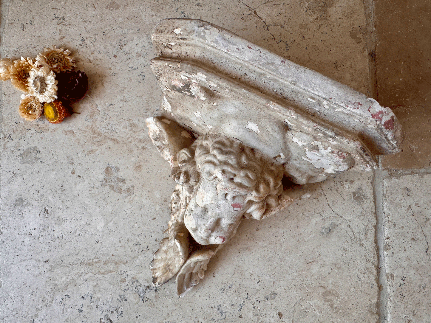 antique french decorative plaster stoneware cherub putti wall corbel floating shelf 