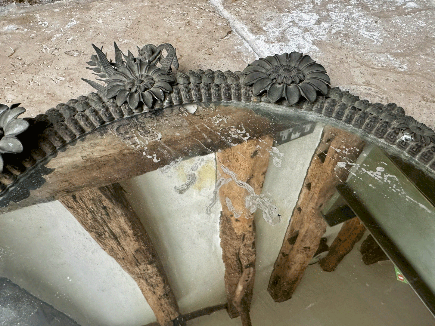 antique french 9th century 1800s timworn distressed foxed mirror metalwork frame