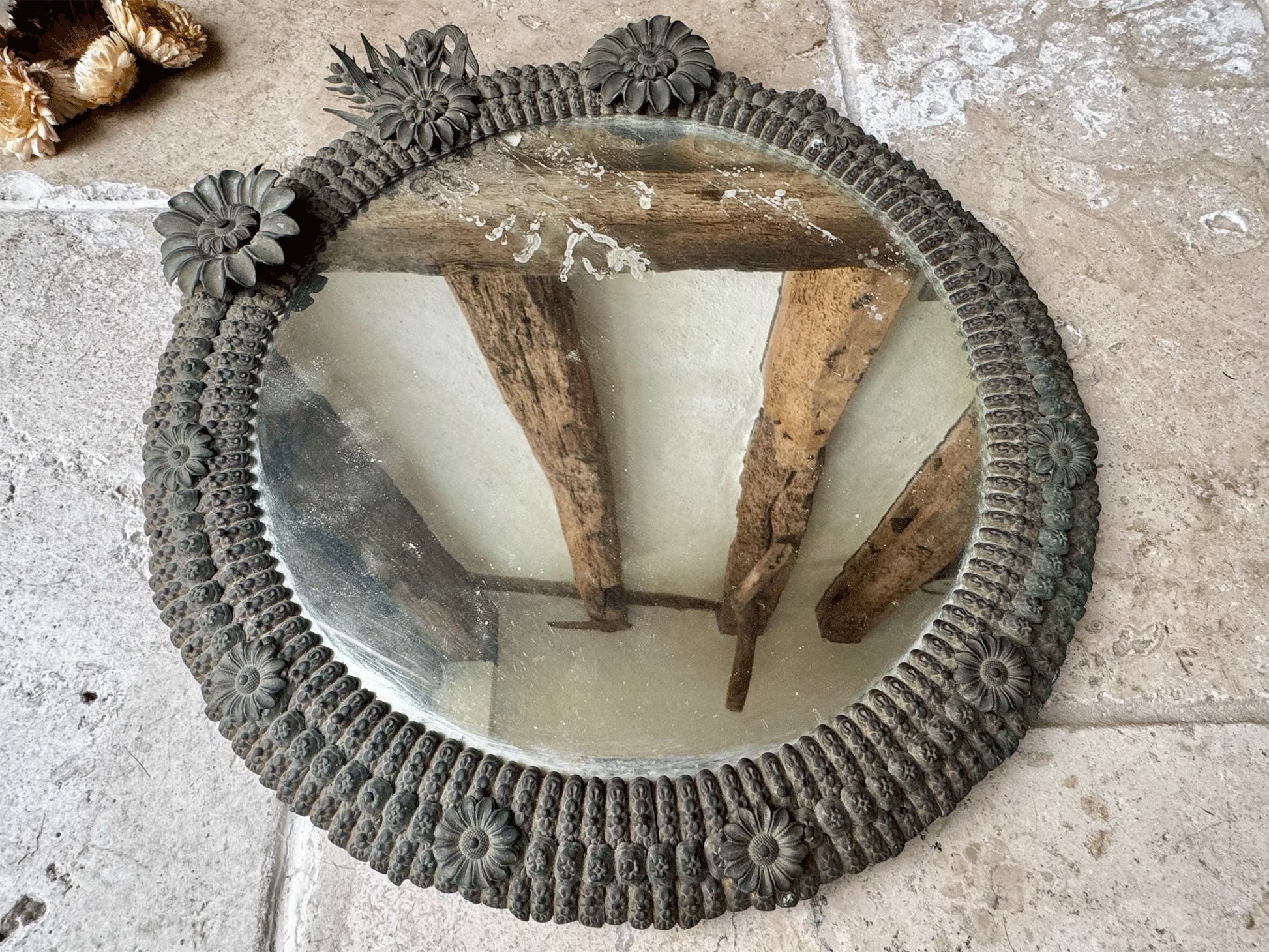 antique french 9th century 1800s timworn distressed foxed mirror metalwork frame