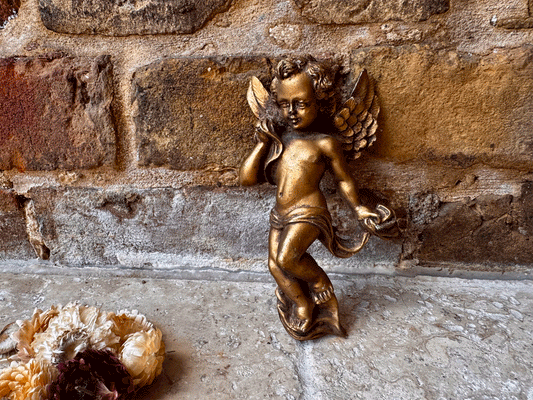 small antique french gilt finished wall hanging ornament winged putti cherub
