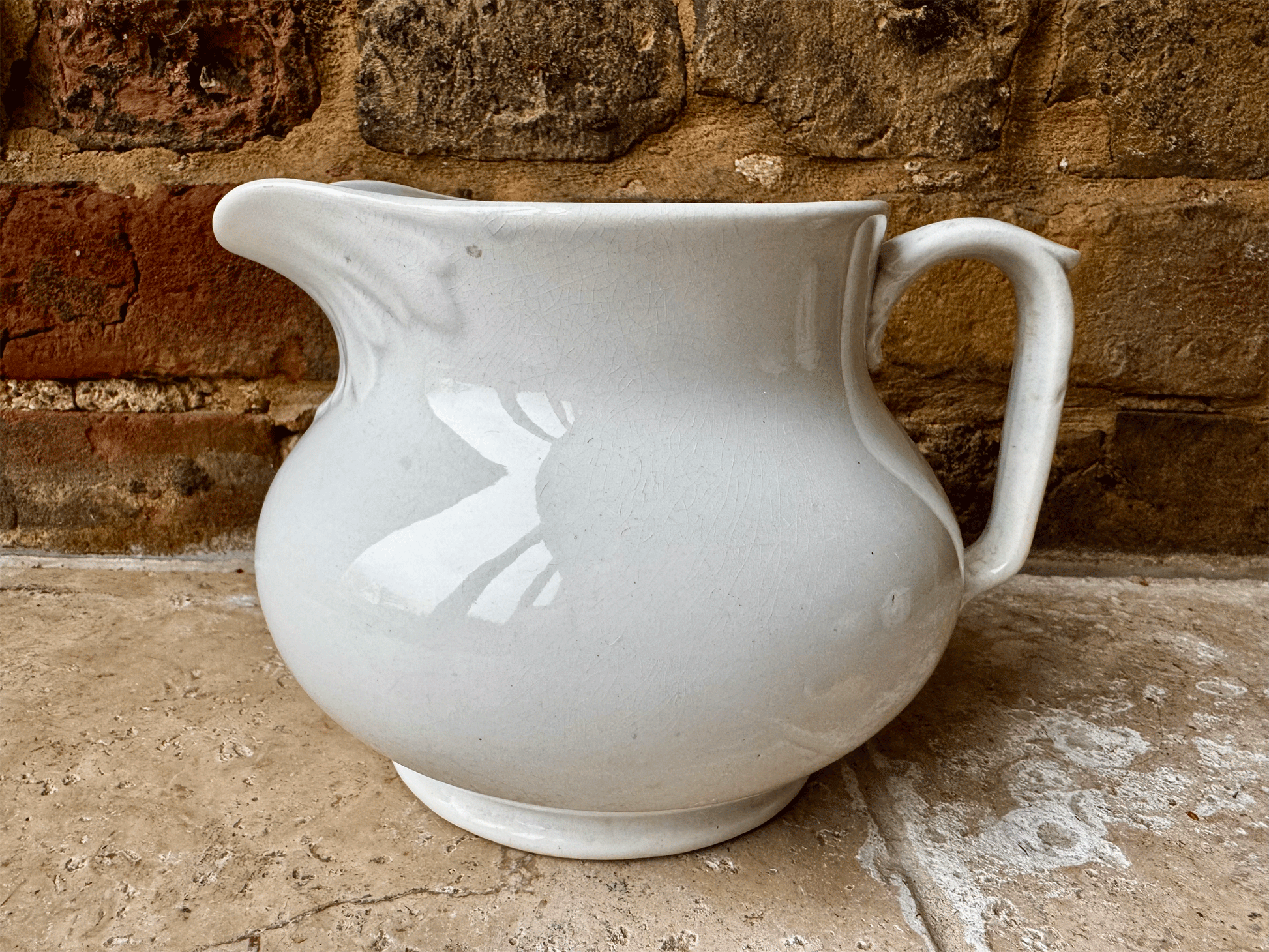 antique french creil montereau terre de fer plain white ironstone bulbous shaped jug pitcher