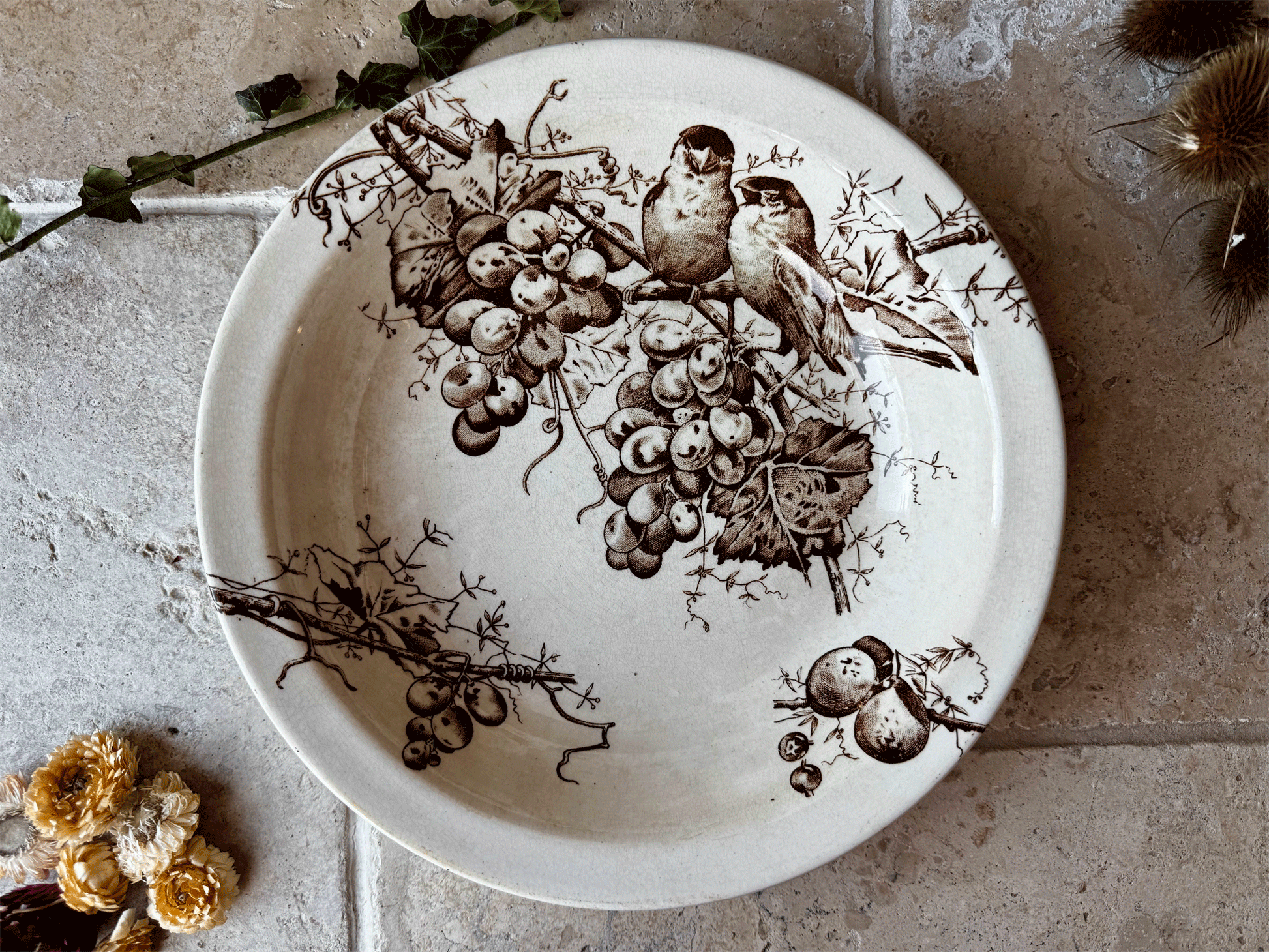 large antique terre de fer hb cie sepia transferware serving bowl dish birds grape vine