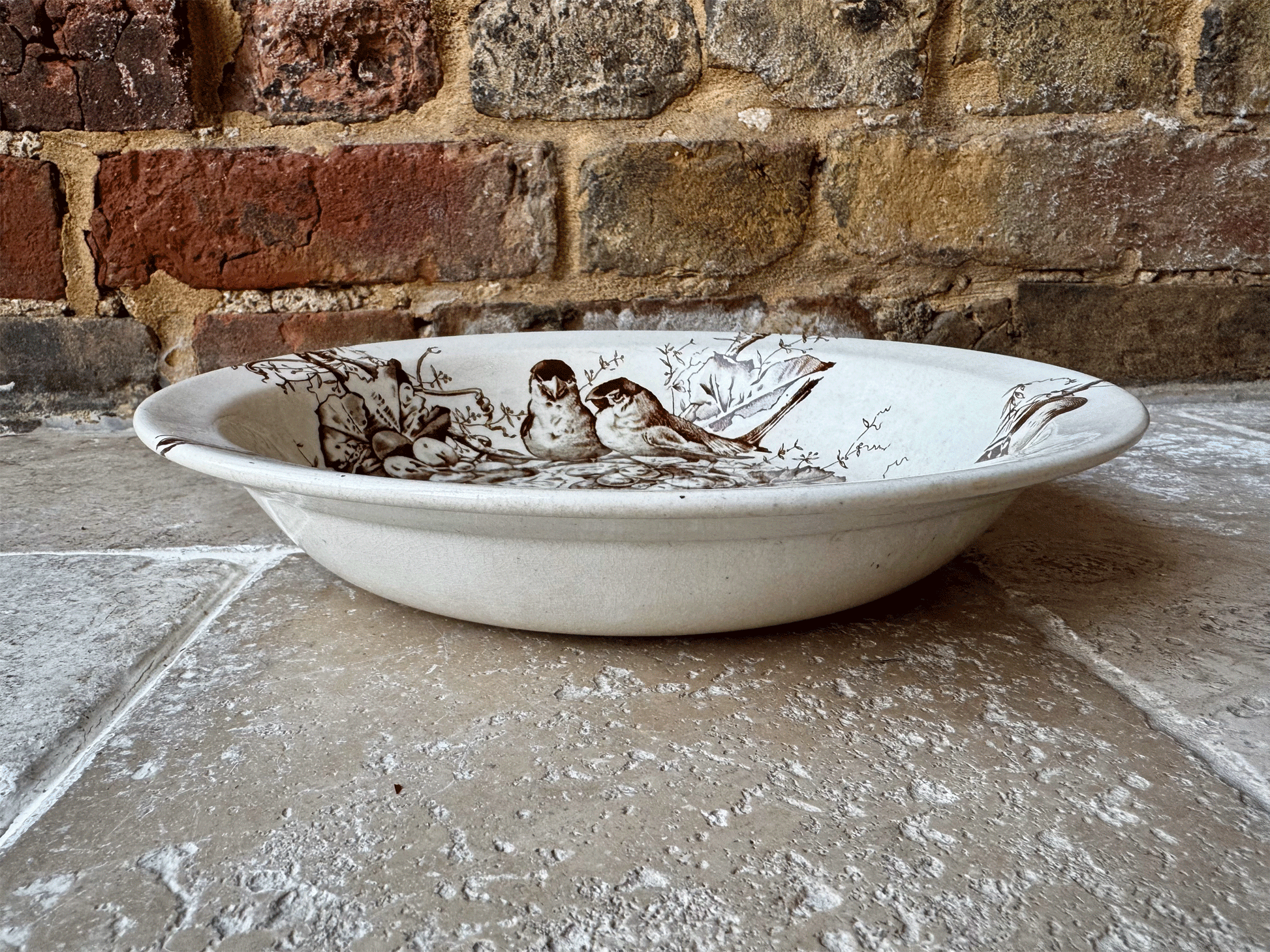 large antique terre de fer hb cie sepia transferware serving bowl dish birds grape vine