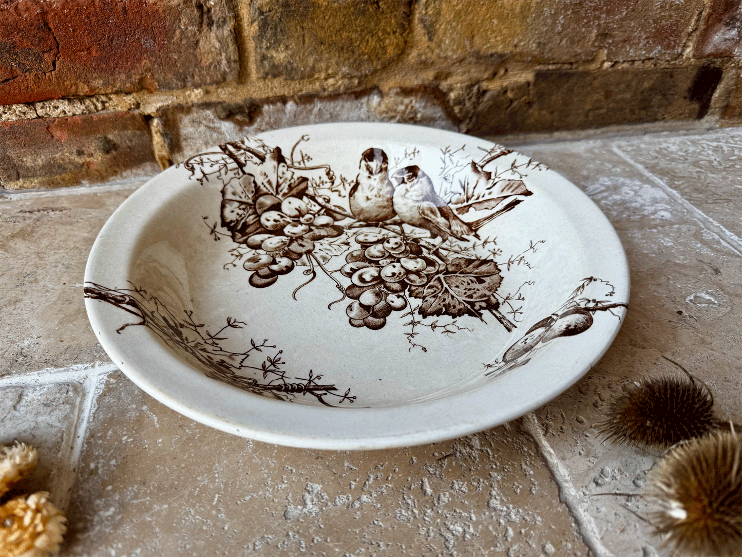 large antique terre de fer hb cie sepia transferware serving bowl dish birds grape vine