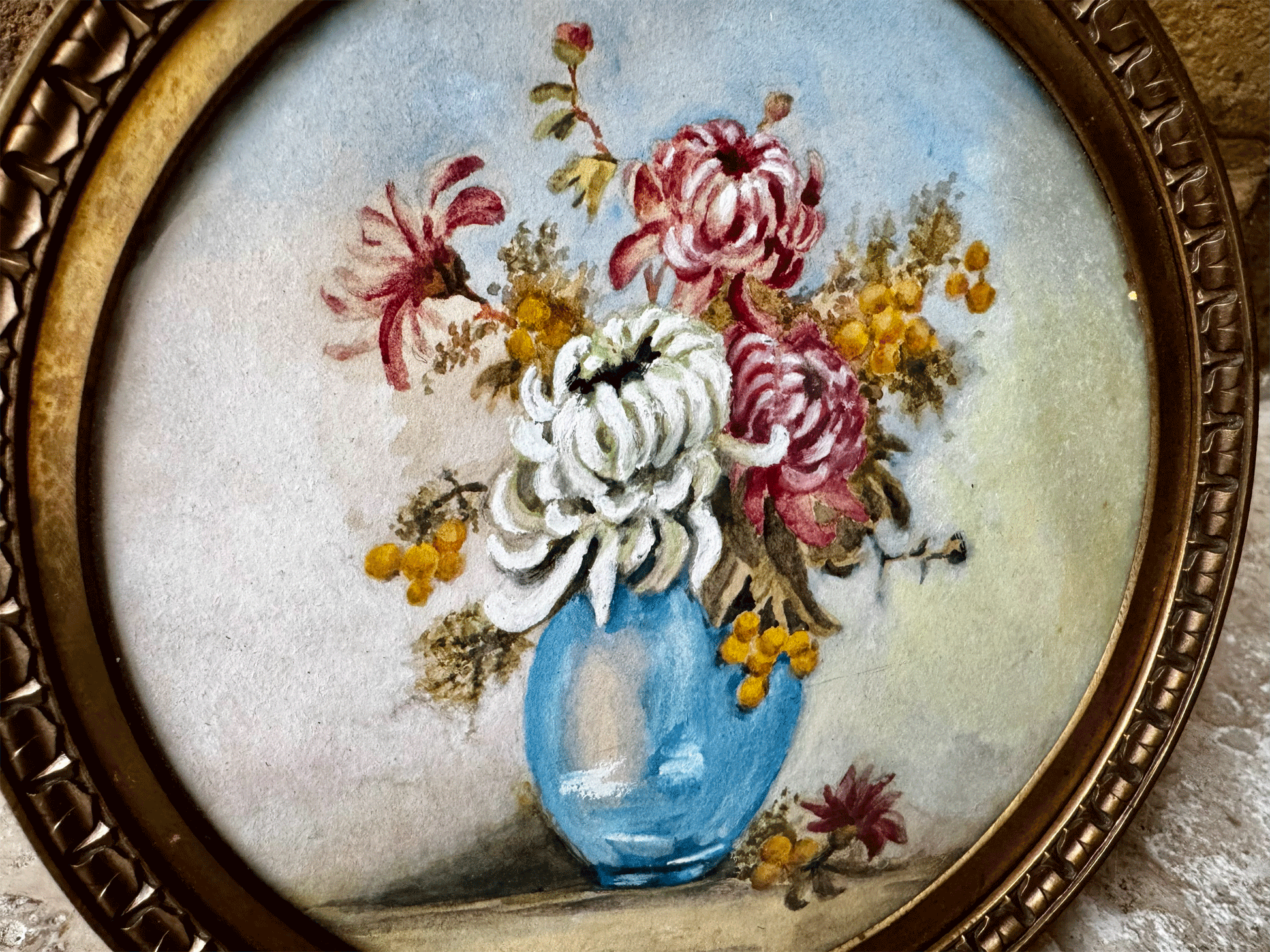 antique french small brass easel backed framed floral still life oil painting