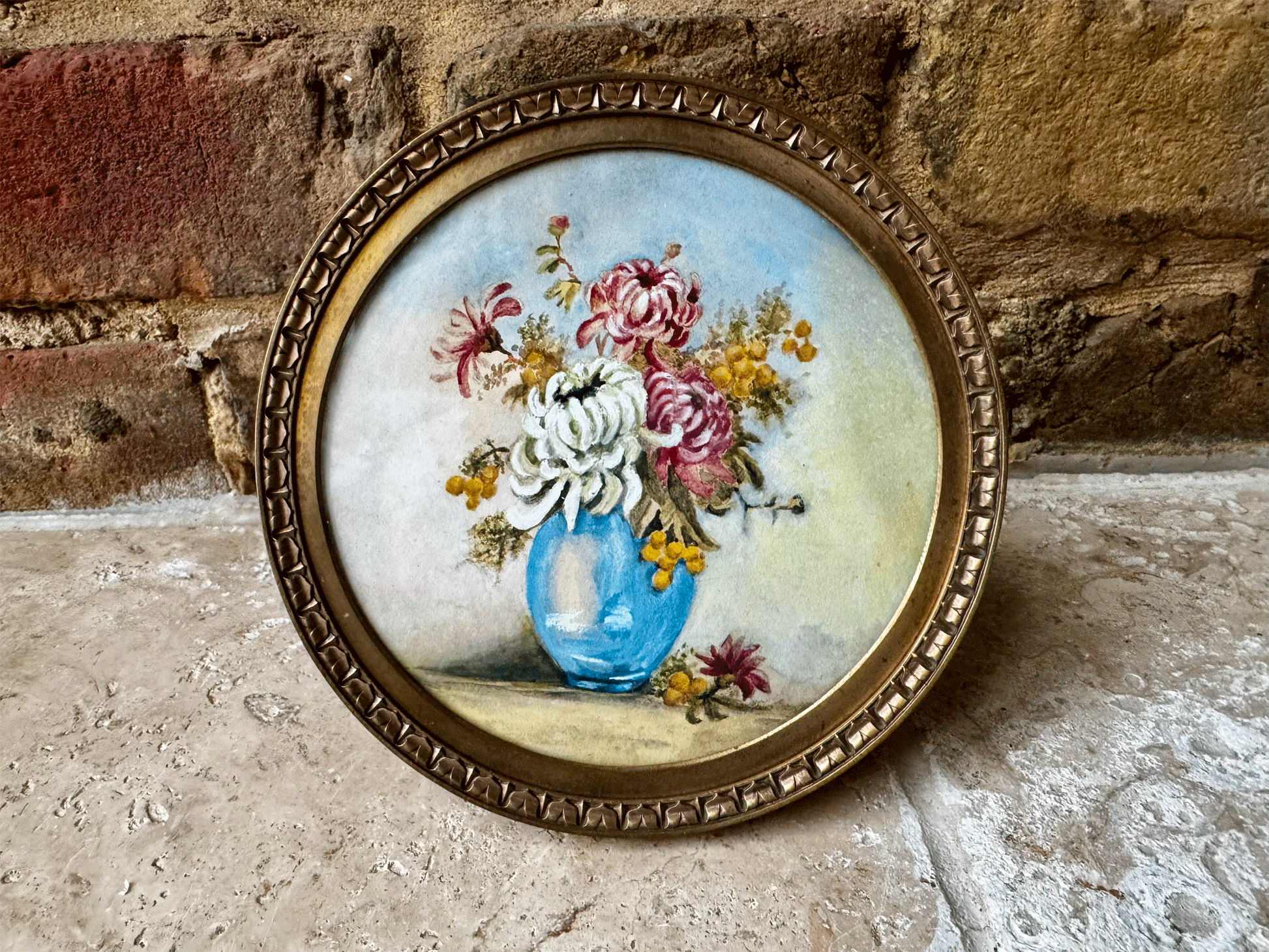 antique french small brass easel backed framed floral still life oil painting