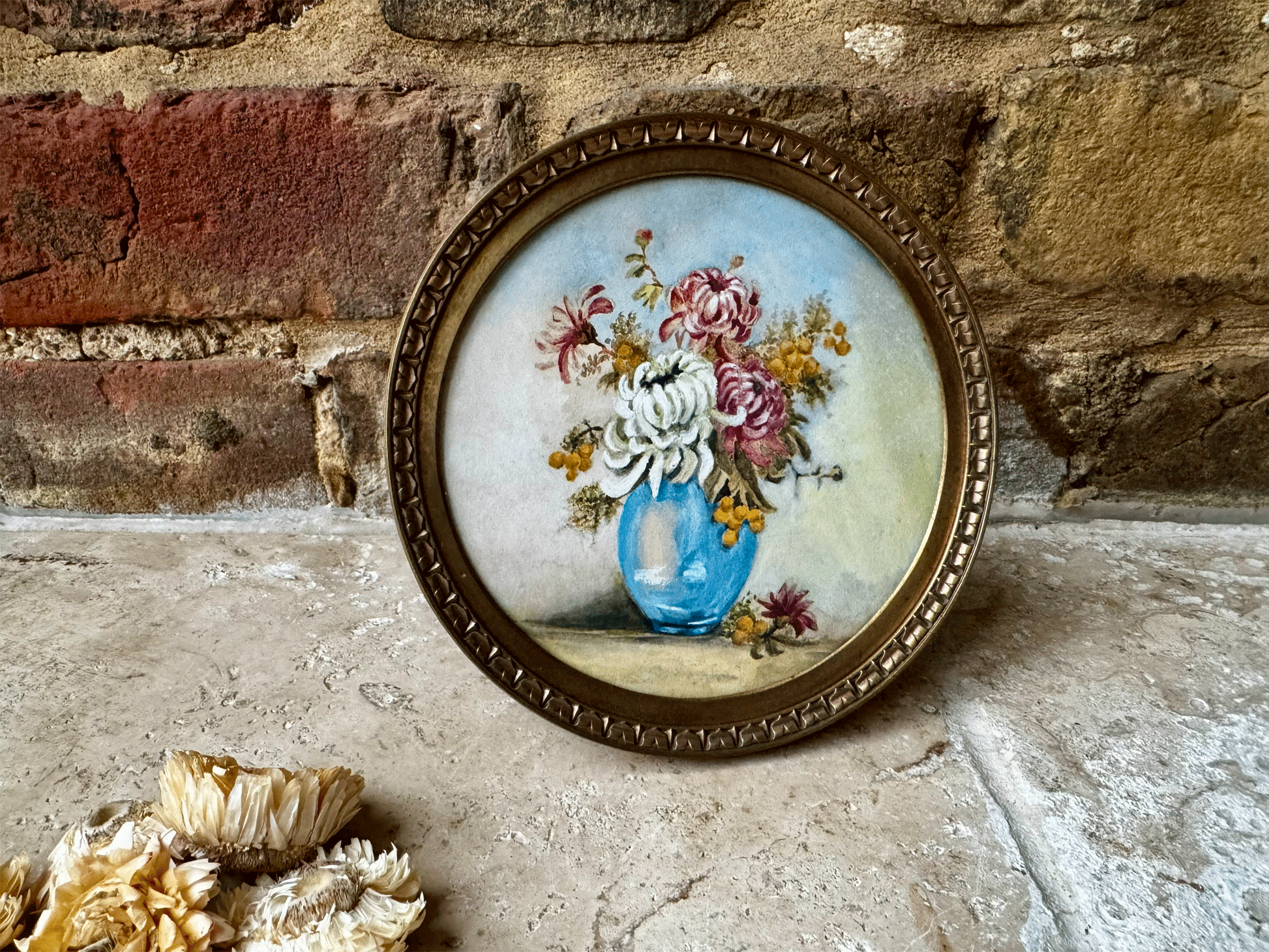 antique french small brass easel backed framed floral still life oil painting