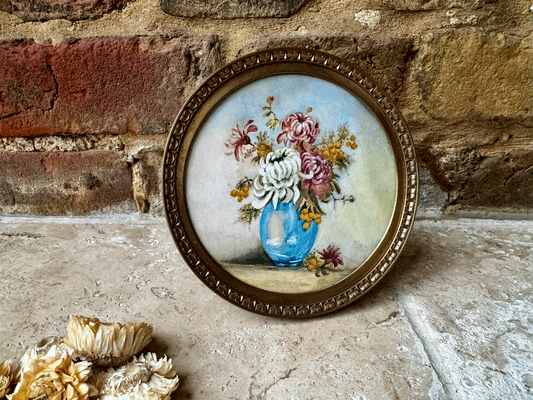 antique french small brass easel backed framed floral still life oil painting