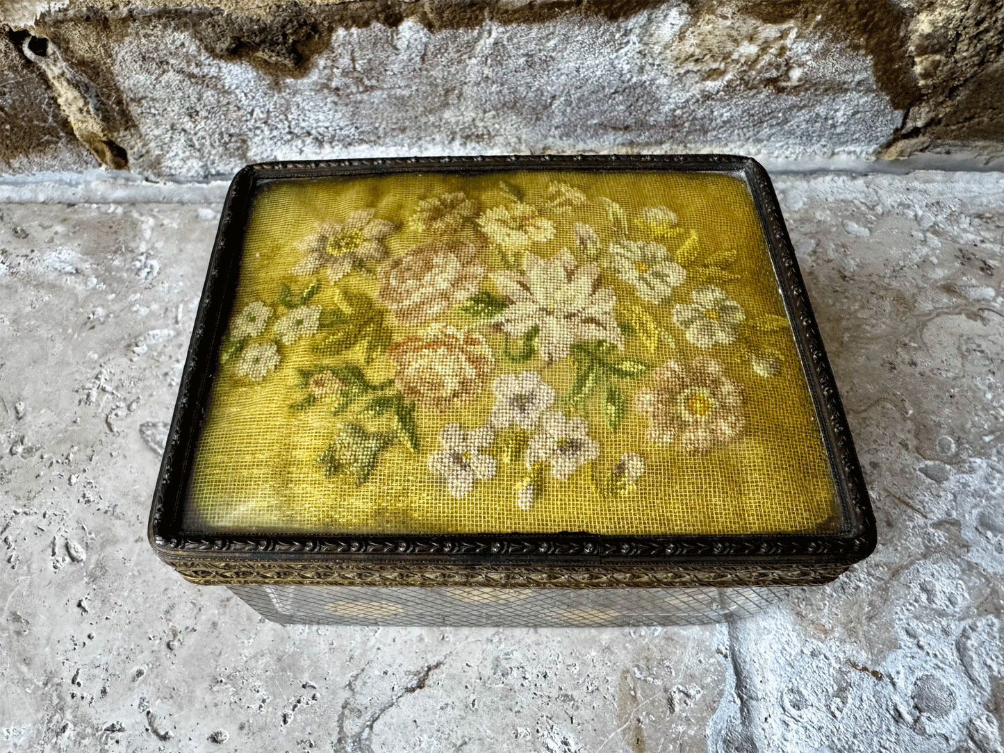 Antique French Glass Jewellery Box with Embroidered Lid