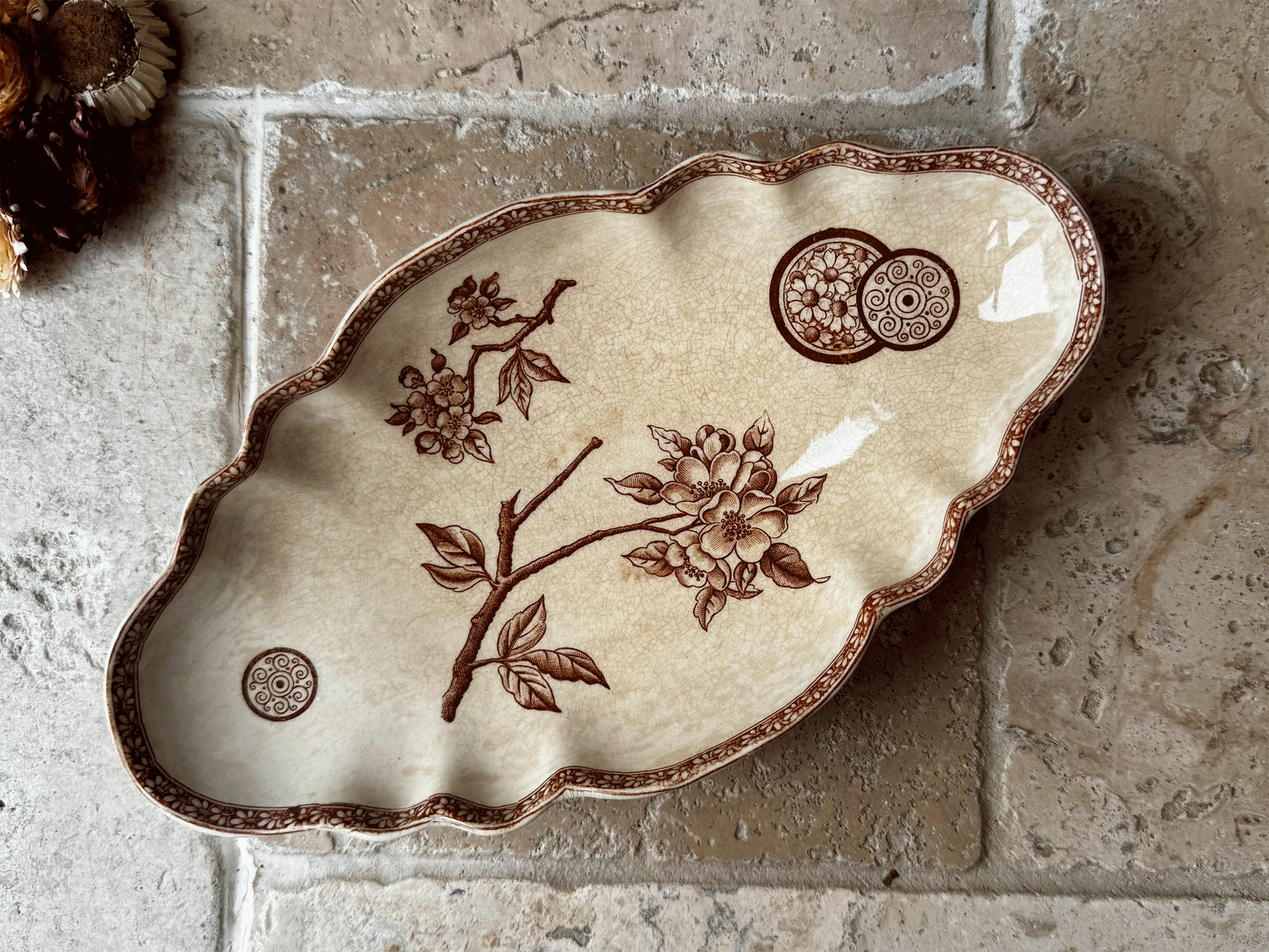 antique french emile bourgeois ravier oval plate dish sepia transferware marguerite grand depot buttery crazing