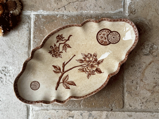 antique french emile bourgeois ravier oval plate dish sepia transferware marguerite grand depot buttery crazing