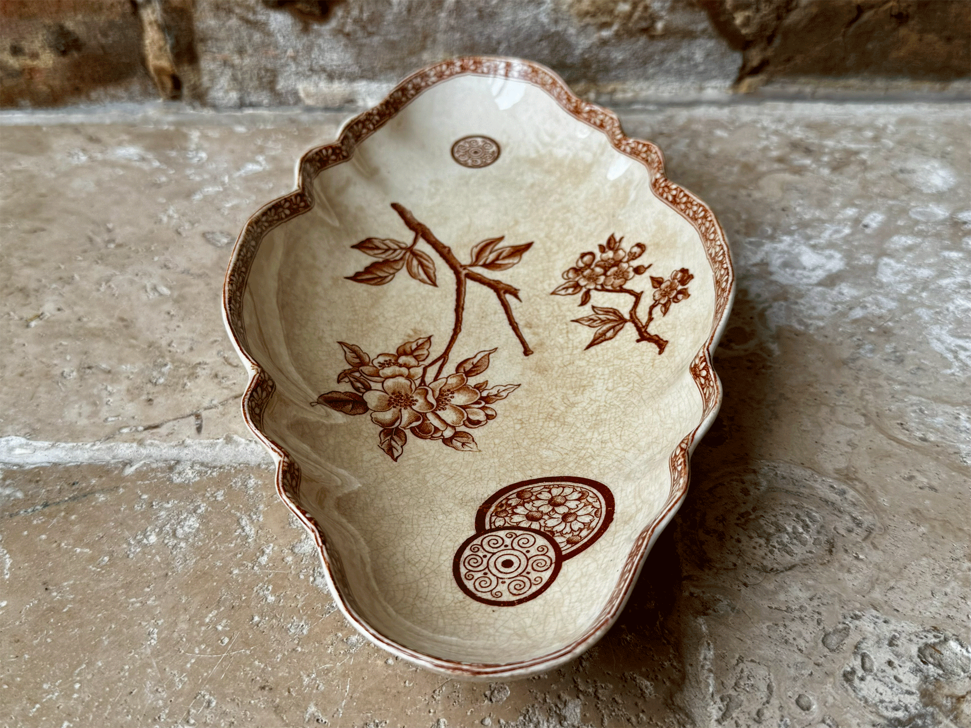 antique french emile bourgeois ravier oval plate dish sepia transferware marguerite grand depot buttery crazing