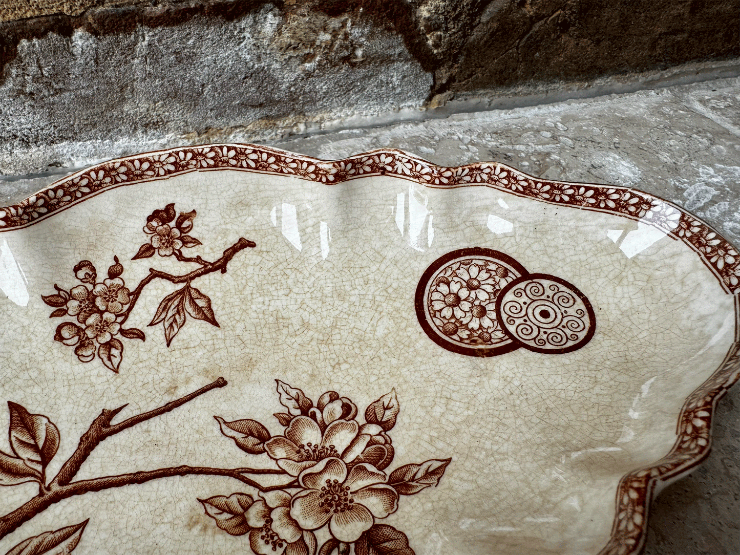 antique french emile bourgeois ravier oval plate dish sepia transferware marguerite grand depot buttery crazing