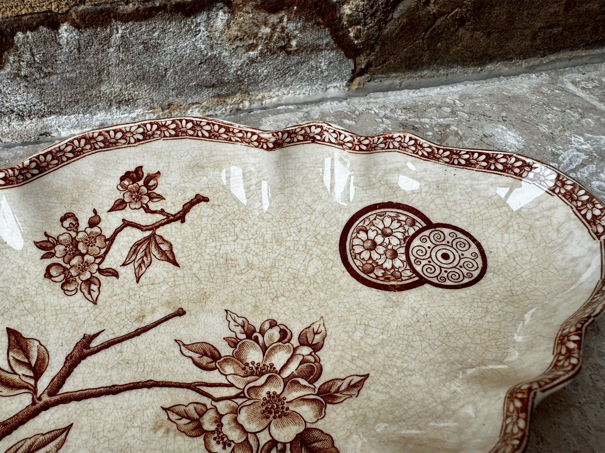 antique french emile bourgeois ravier oval plate dish sepia transferware marguerite grand depot buttery crazing