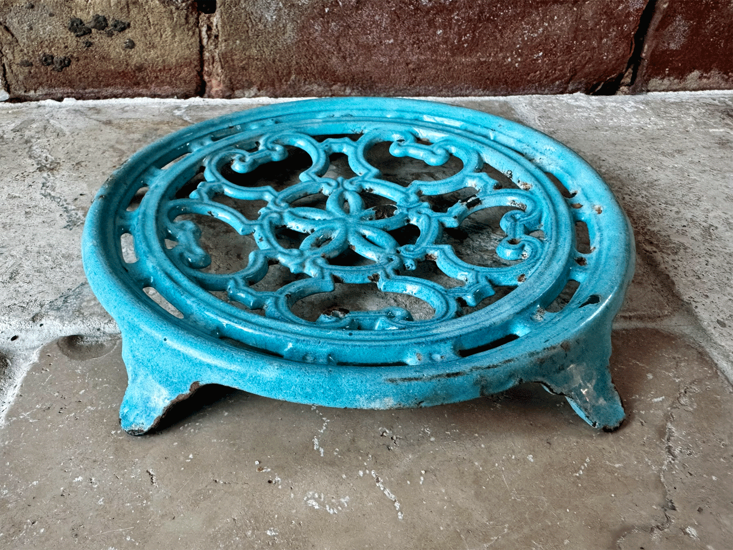 antique french aqua blue enamel pot stand trivet