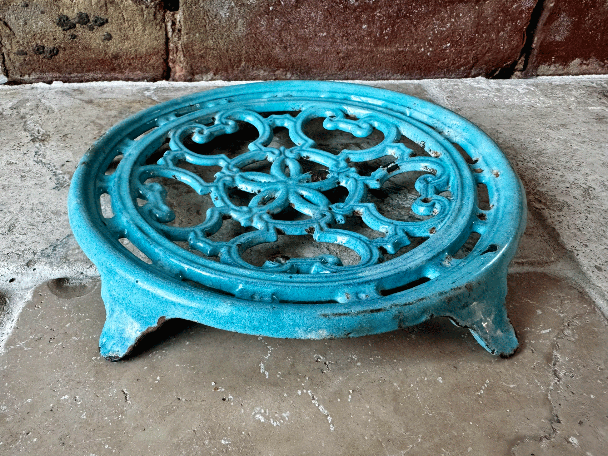 antique french aqua blue enamel pot stand trivet