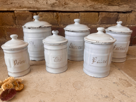 antique french set six white enamel kitchen canisters storage jars gold trim