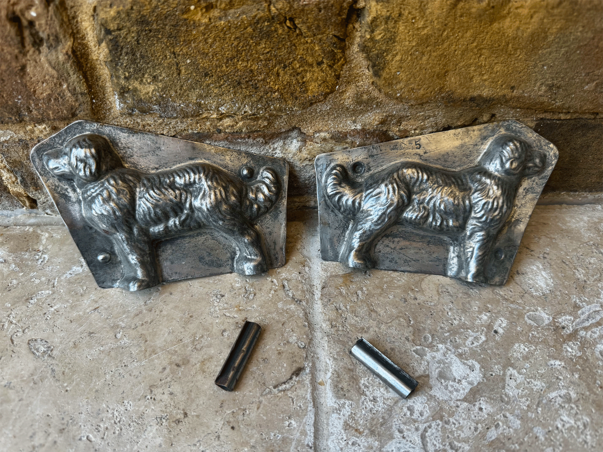 antique french rare golden retriever dog shaped two piece tin chocolate mould etang fils