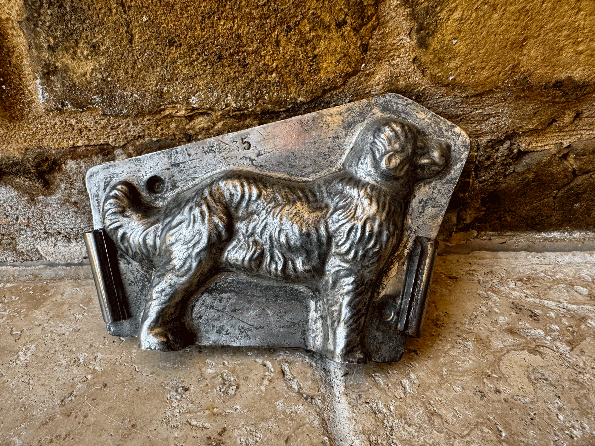 antique french rare golden retriever dog shaped two piece tin chocolate mould etang fils