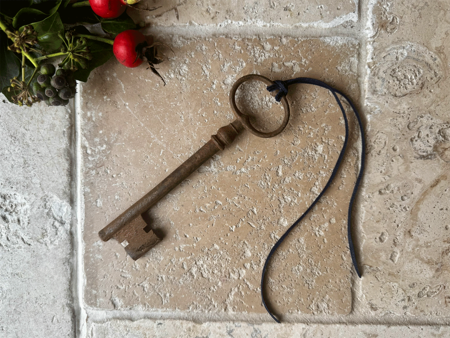 antique french large cast iron key vintage christmas decoration blue velvet ribbon
