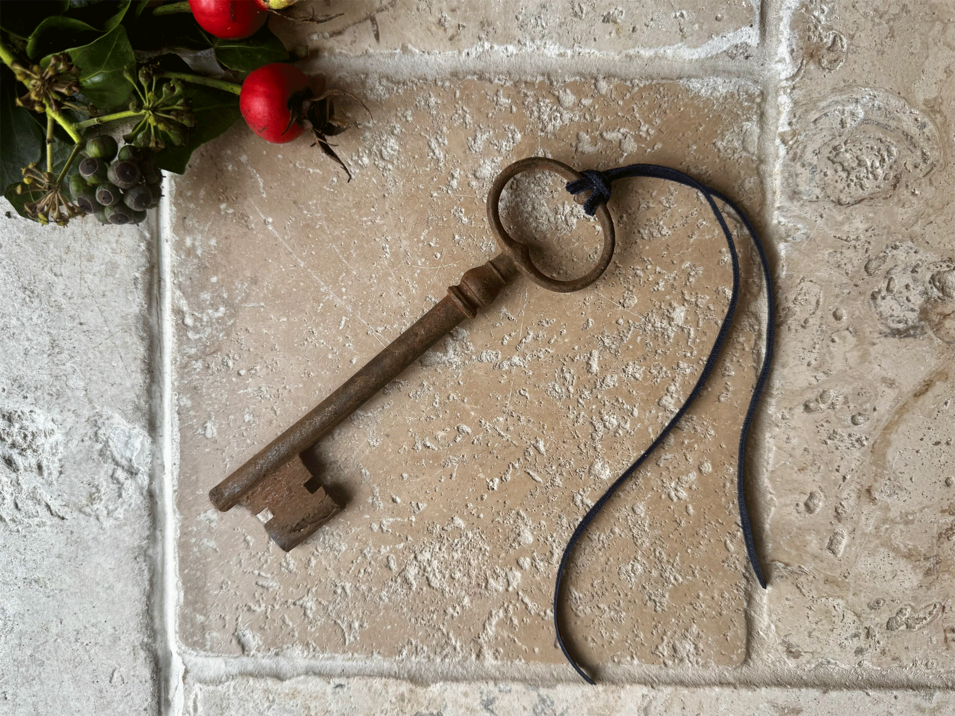 antique french large cast iron key vintage christmas decoration blue velvet ribbon