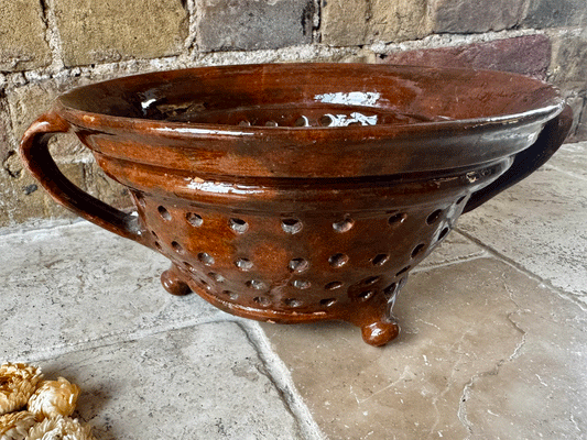 antique french extra large rustic brown stoneware glazed pierced drainer strainer colander