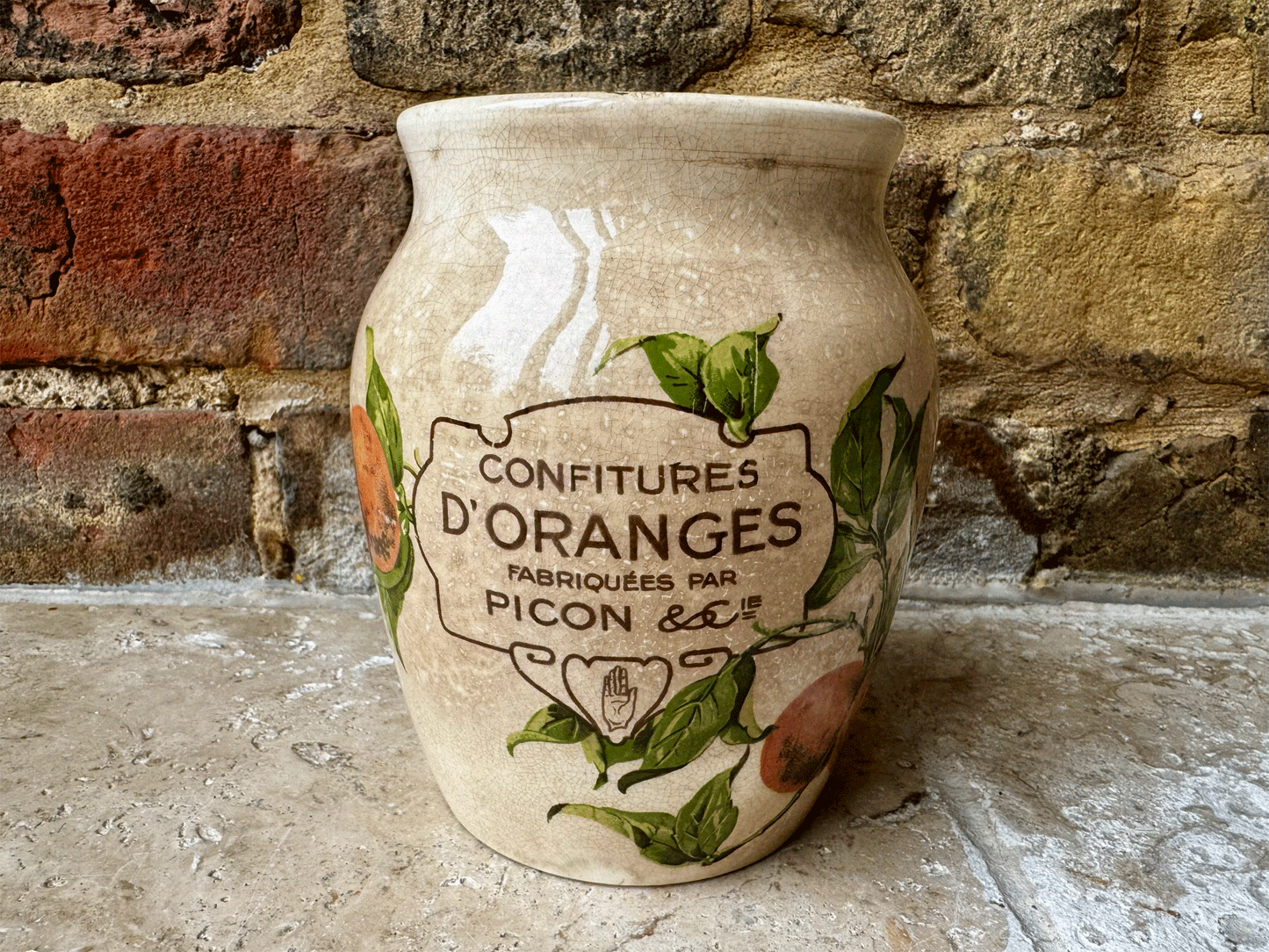 antique french large ironstone advertising pot picon confitures oranges