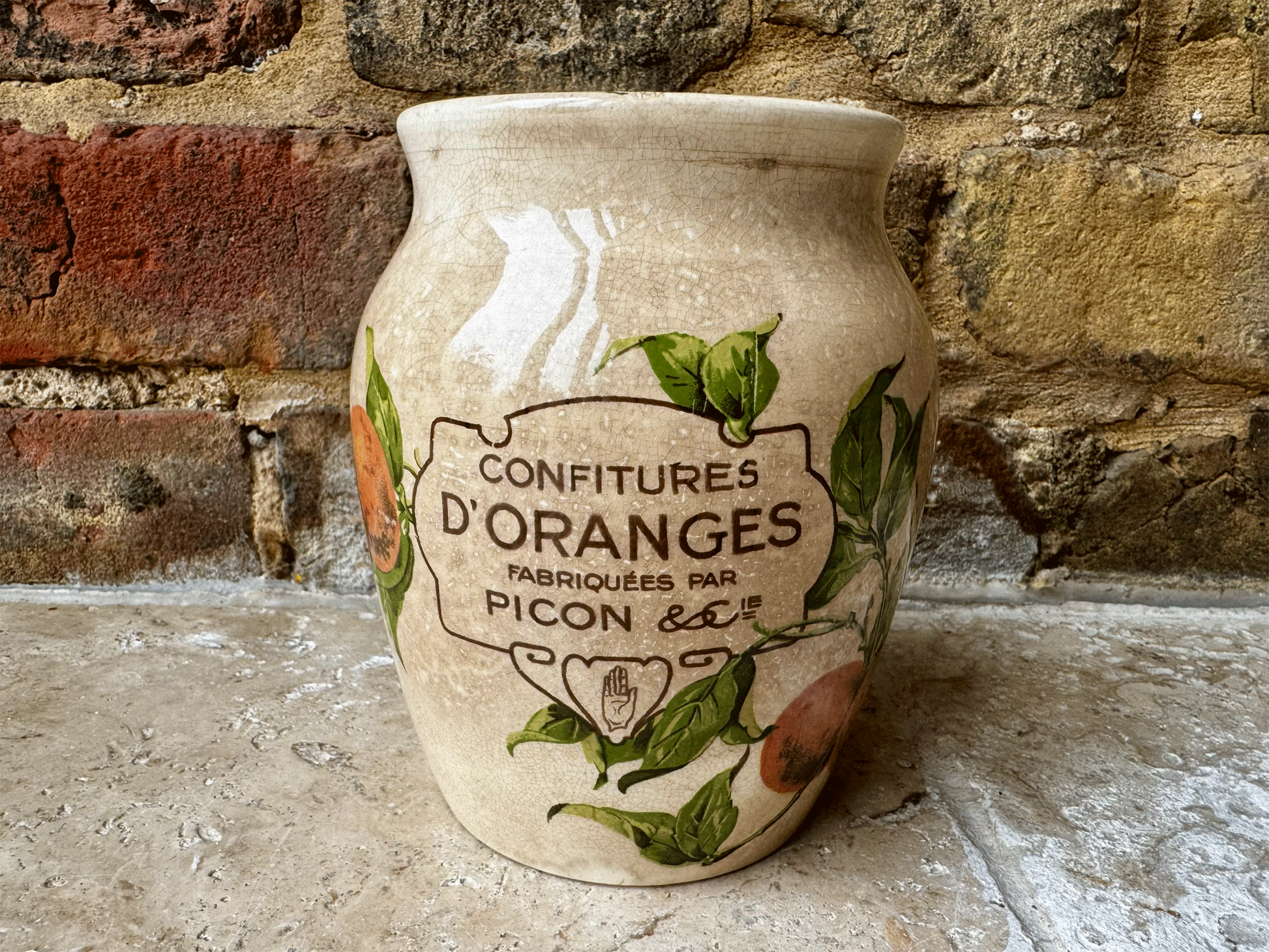 antique french large ironstone advertising pot picon confitures oranges