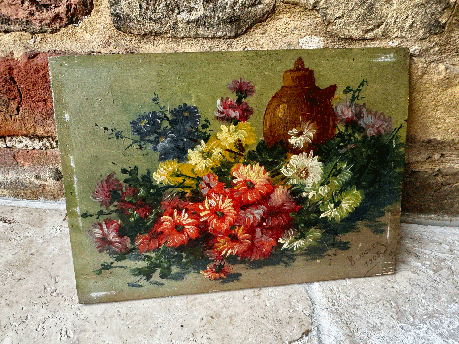 antique french floral composition oil painting board signed boucher 1905