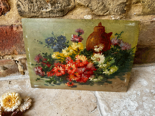 antique french floral composition oil painting board signed boucher 1905
