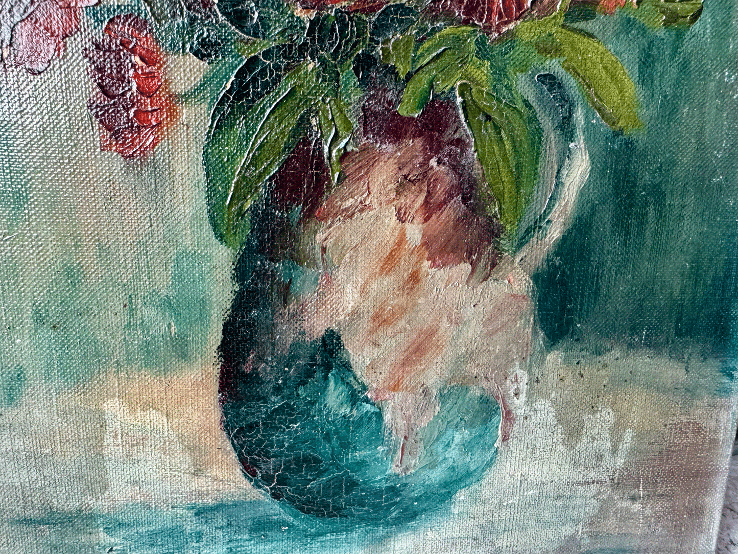 antique french floral still life vase flowers oil canvas impasto moody tones hues