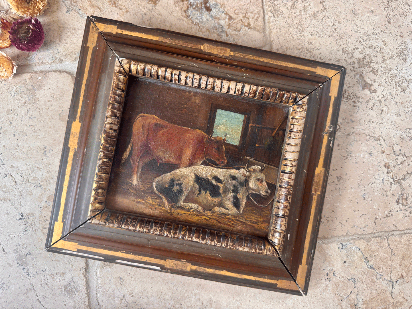 antique french framed oil painting faryard village country scene cows cowshed