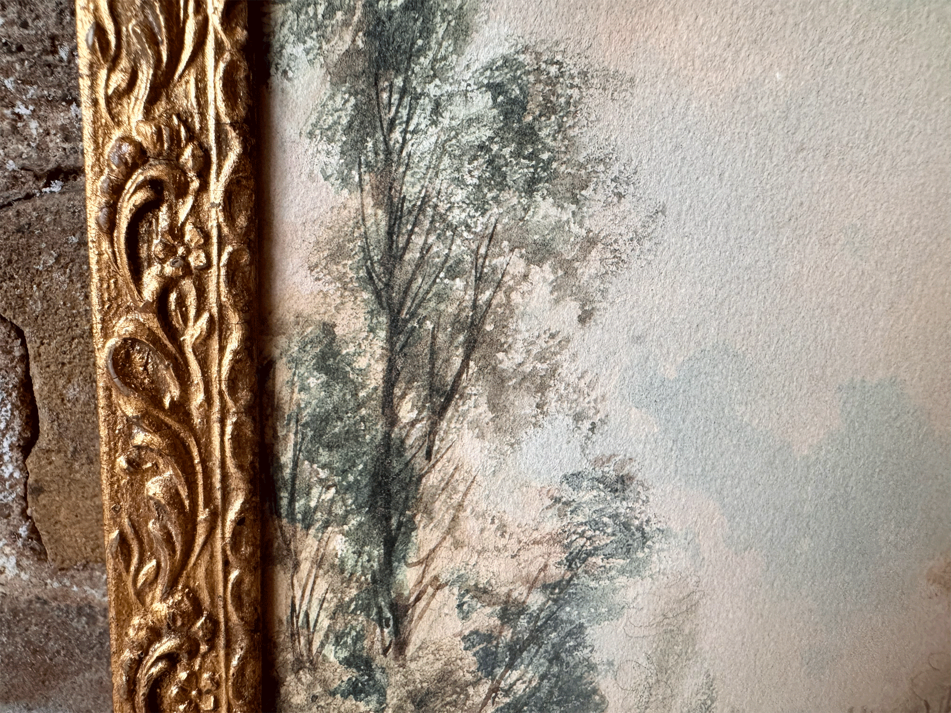 antique french small landscape riverside watercolour painting gilt framed