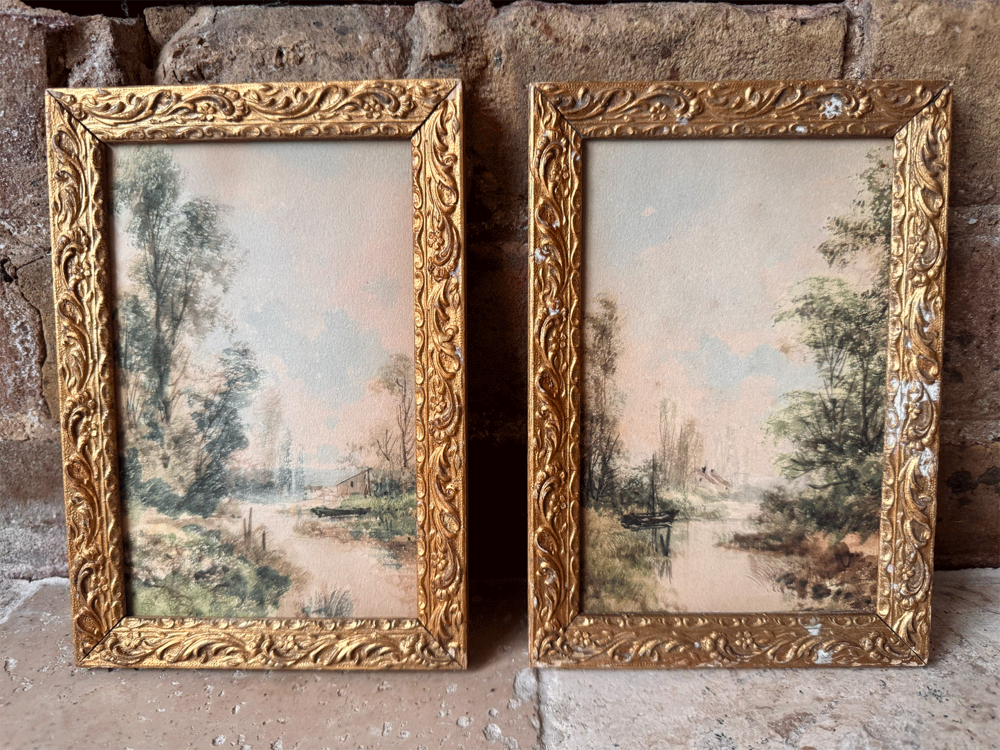 antique french small landscape riverside watercolour painting gilt framed