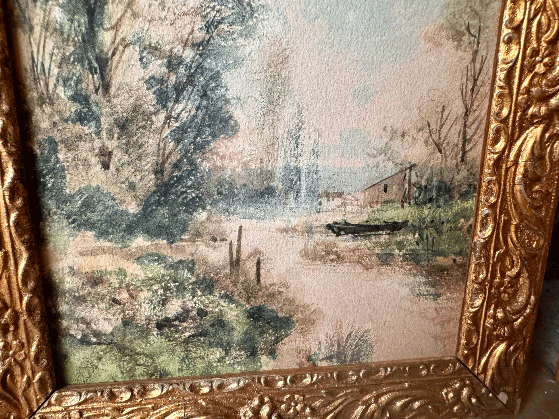 antique french small landscape riverside watercolour painting gilt framed