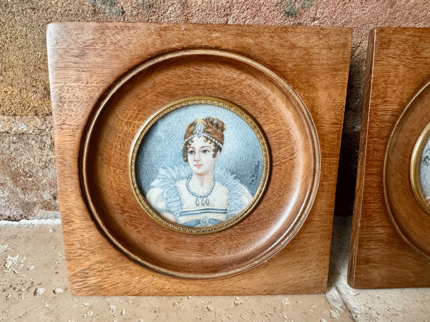 antique french signed framed miniature portrait painting lady 