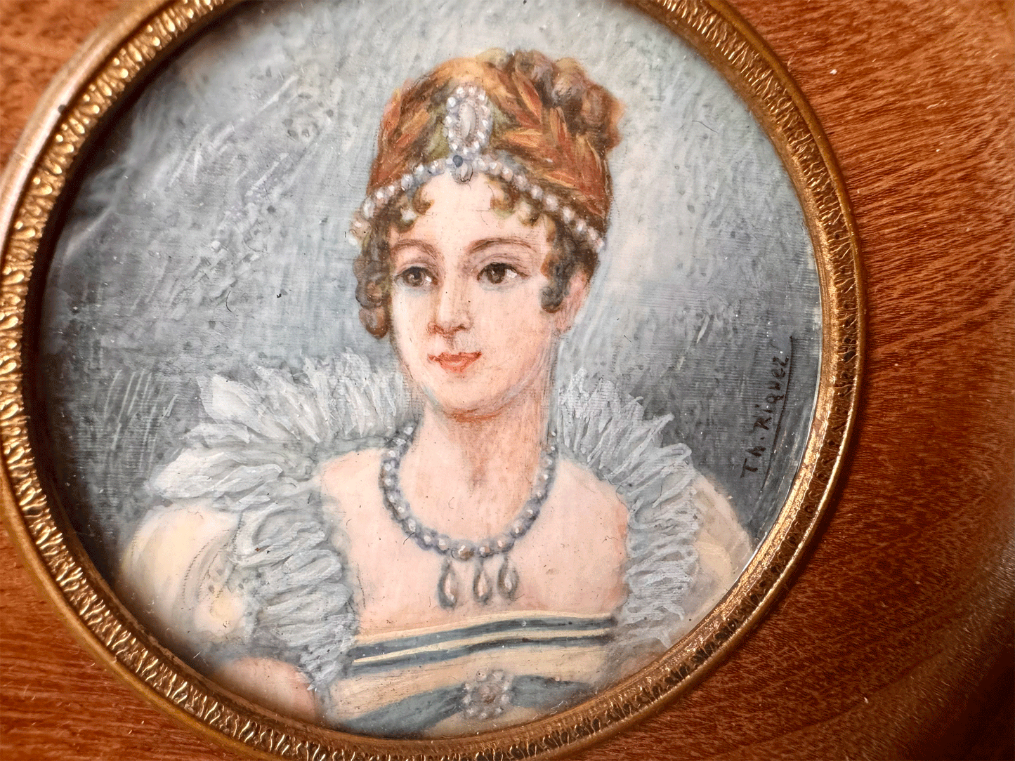 antique french signed framed miniature portrait painting lady 