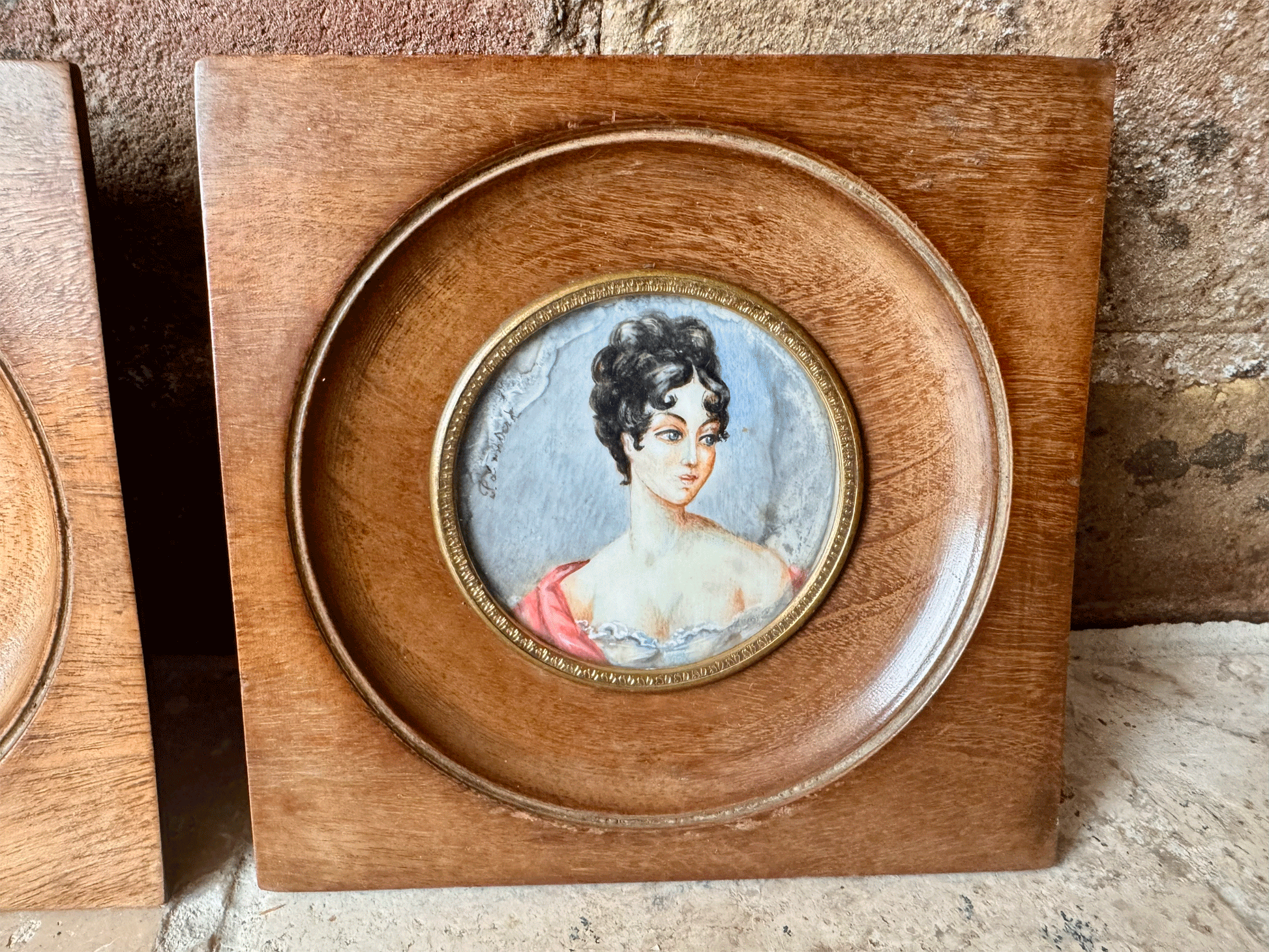 antique french signed framed miniature portrait painting lady 