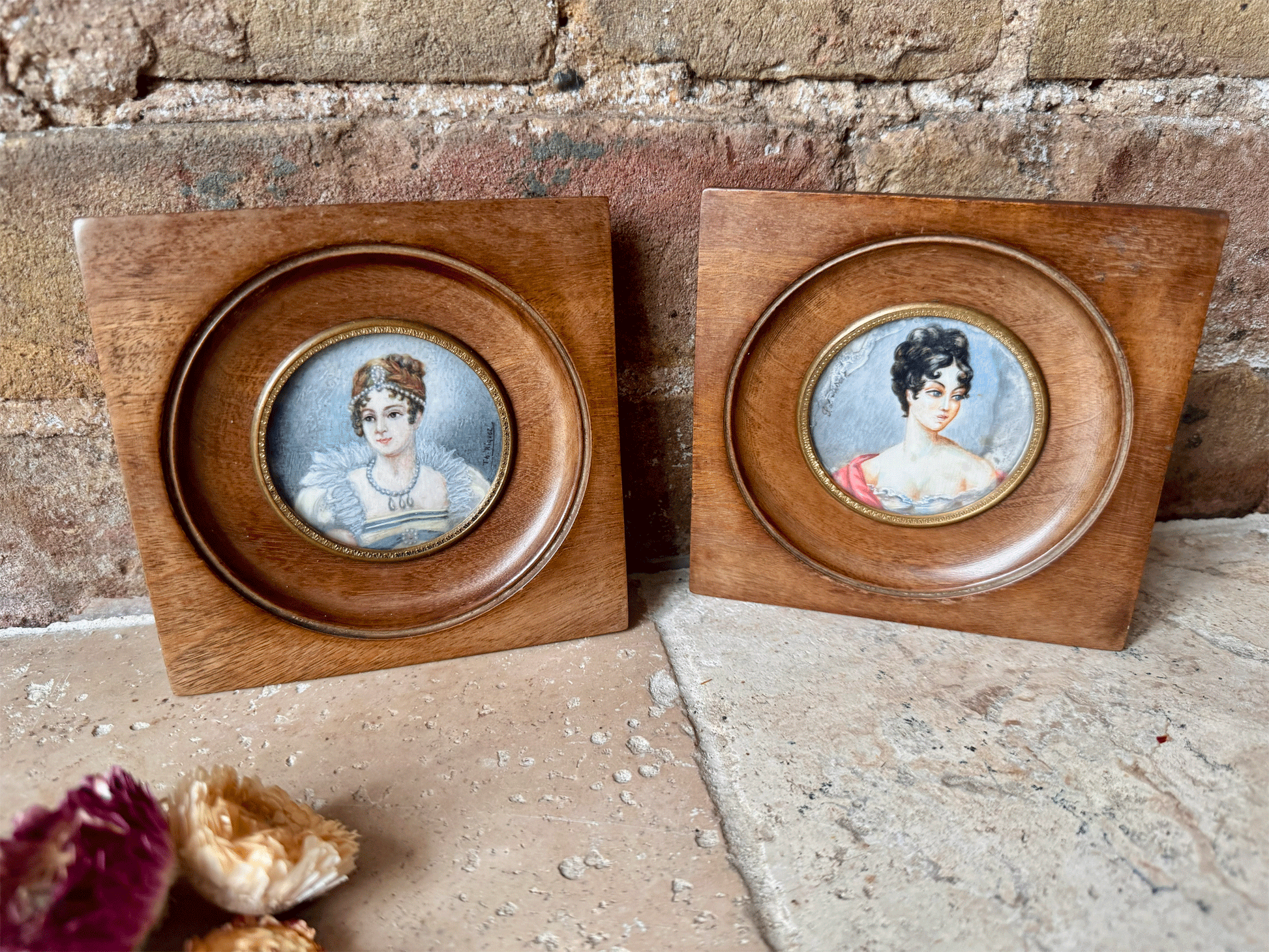 antique french signed framed miniature portrait painting lady 