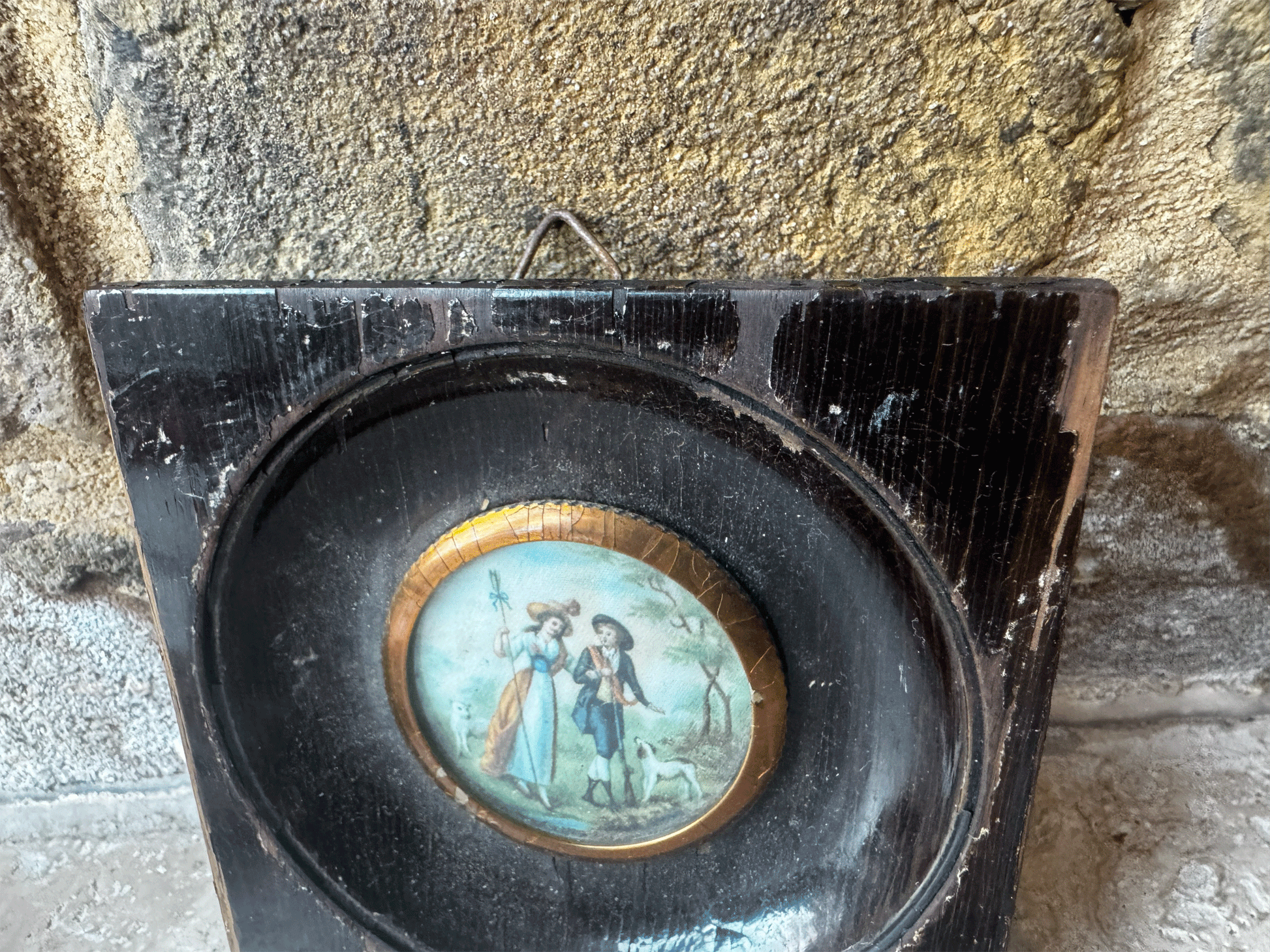 antique french miniature picture painting sherpherdess hunter strolling