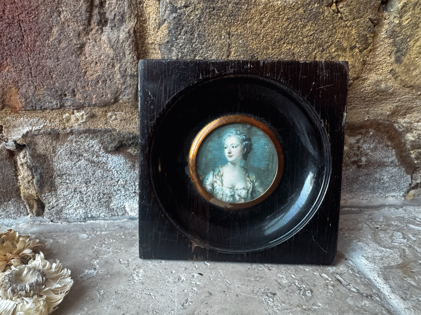 antique french framed miniature painting picture regency lady woman portrait