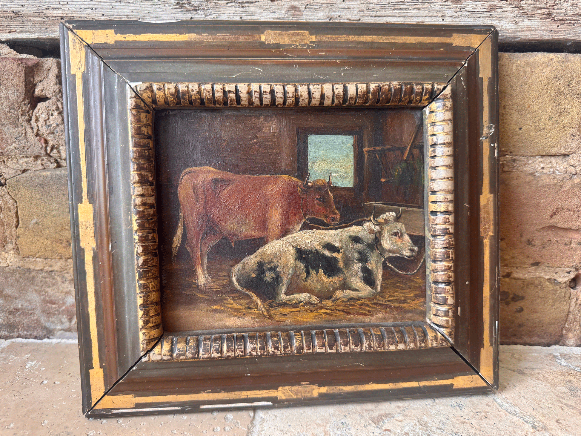 antique french framed oil painting faryard village country scene cows cowshed