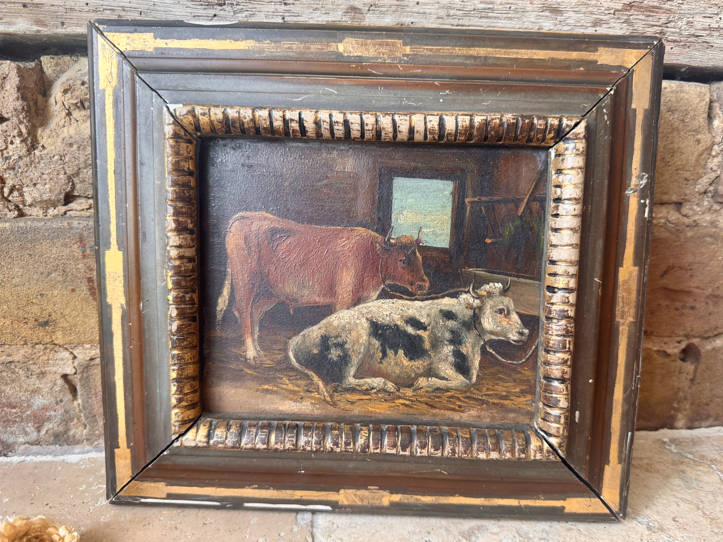 antique french framed oil painting faryard village country scene cows cowshed
