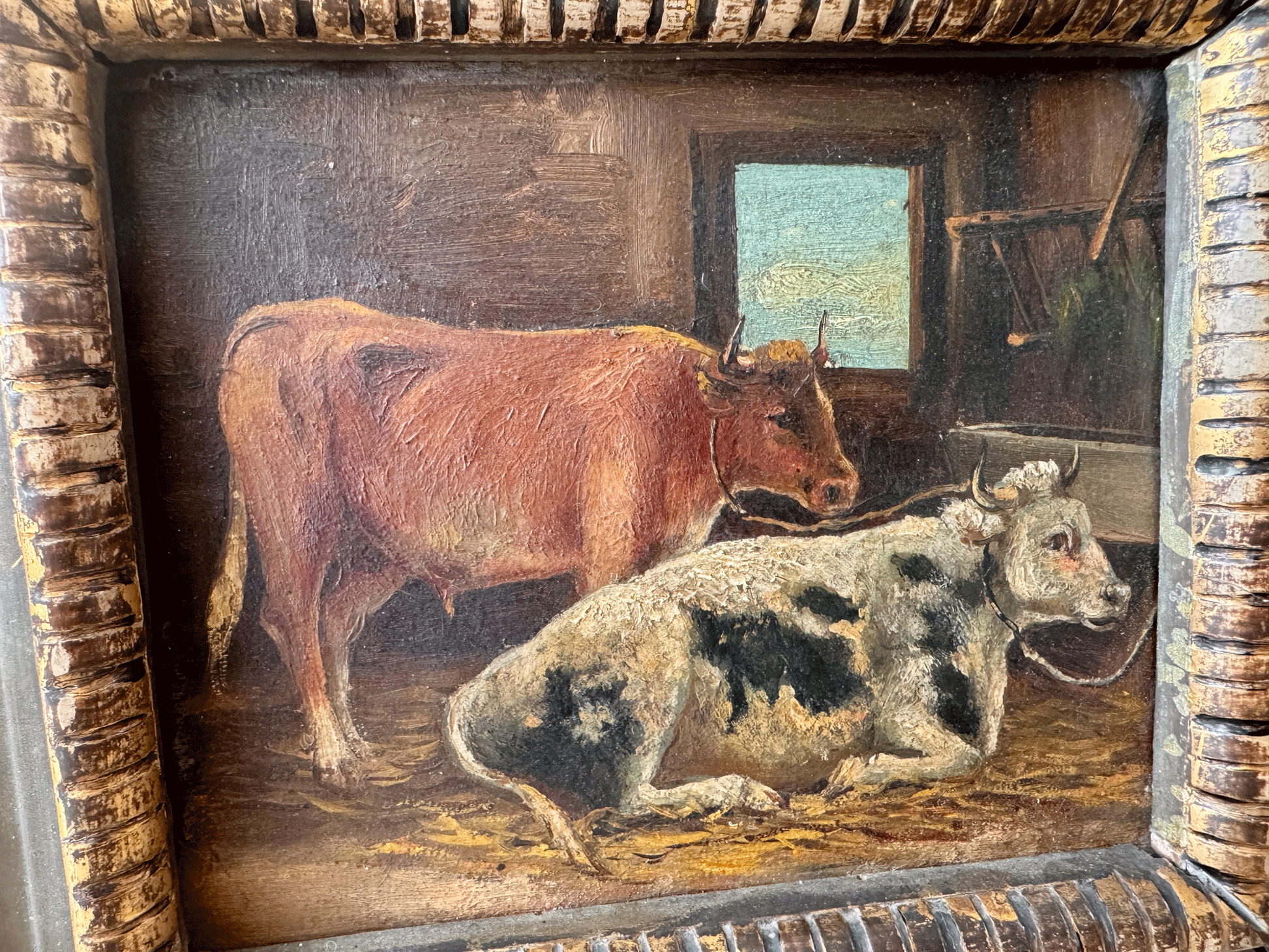 antique french framed oil painting faryard village country scene cows cowshed